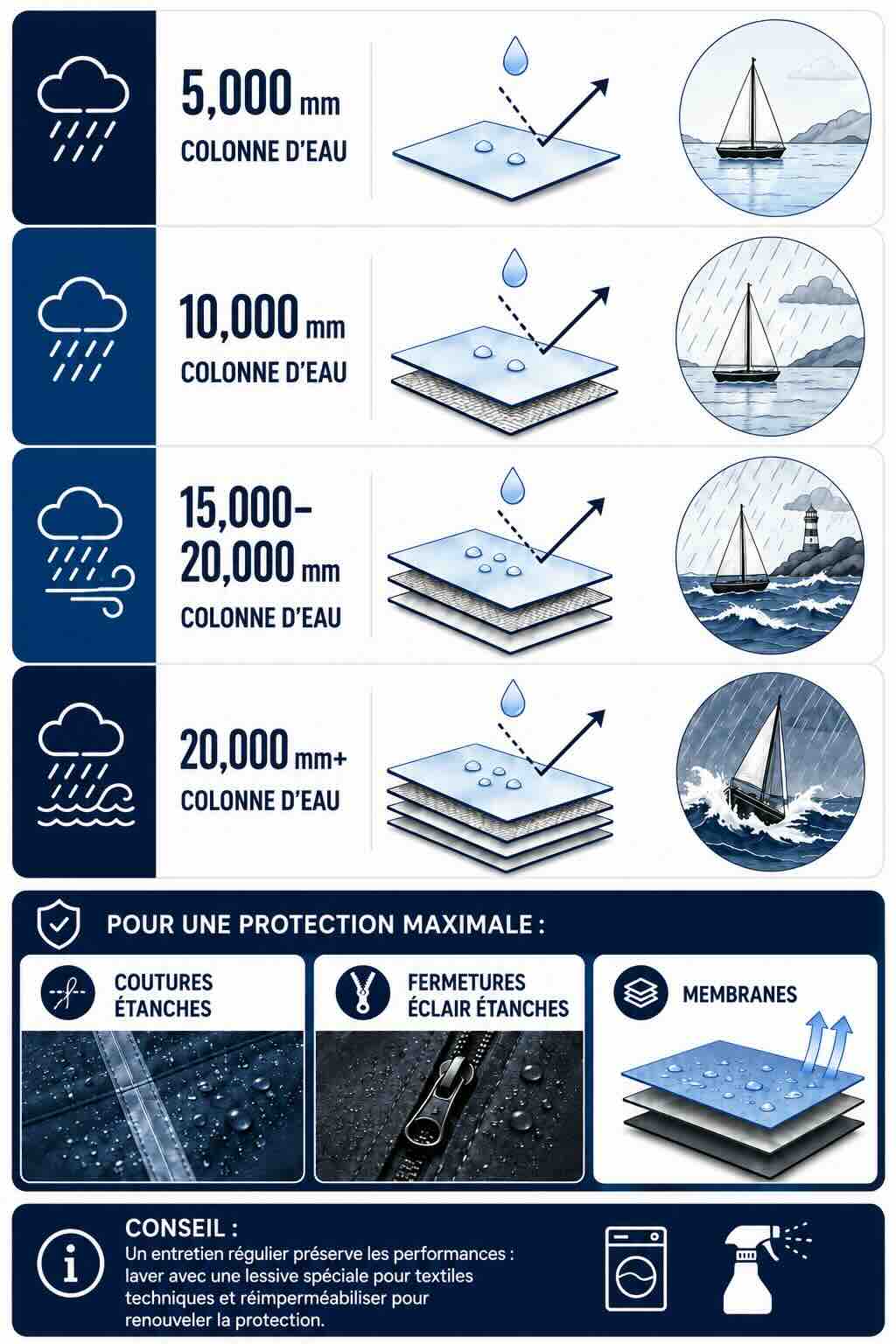 Informationsgrafik zur Wassersäule, entscheidenden Elementen wie versiegelte Nähte, wasserabweisende Reißverschlüsse, dem Aufbau der Membran und der Tipp, die Produkte mit Spezialwaschmittel zu reinigen und regelmäßig zu imprägnieren